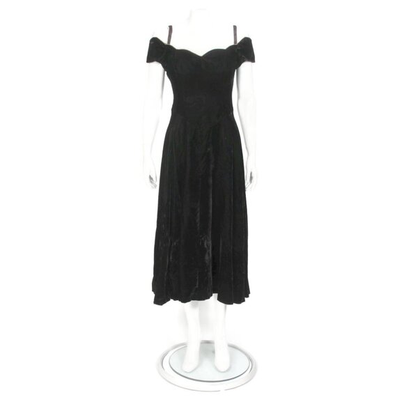 Vintage 80s MODA INT'L Black Velvet Gothic Off Shoulder Gown Dress sz 8 P /197 - Picture 1 of 8
